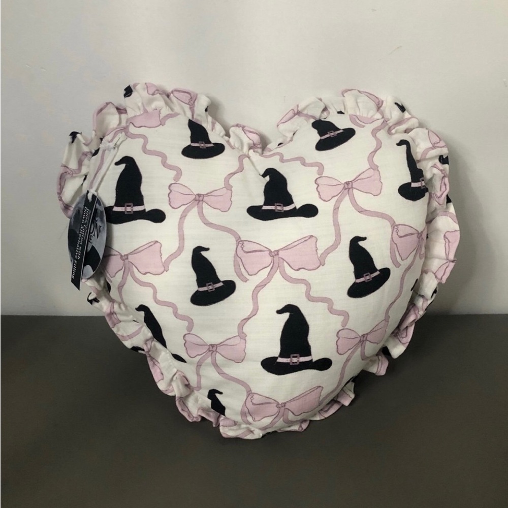 Viral Ruffle Heart Shaped Pink Coquette Bow Witches Hat Throw Pillow NWT